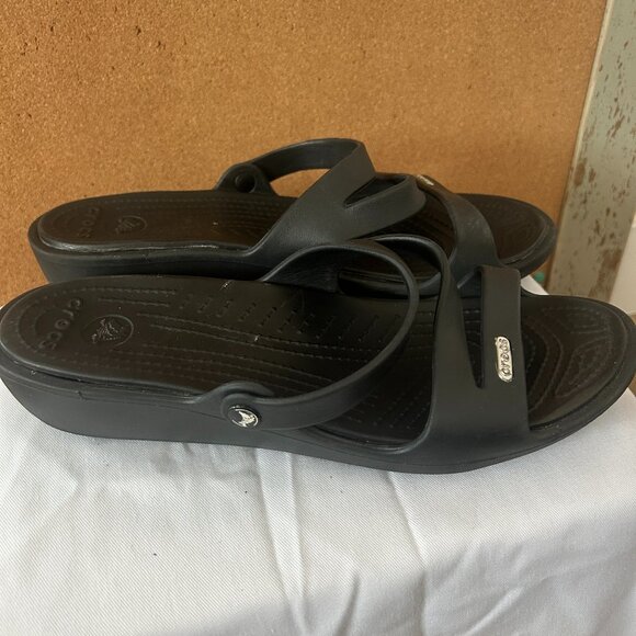 Crocs Wedge Sandals Slides Women’s 10 Black Platform Heels Rubber Comfort - Picture 3 of 6